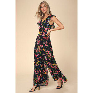 Lulus Blooming Love Black Floral Print Ruffled Jumpsuit - Size XS